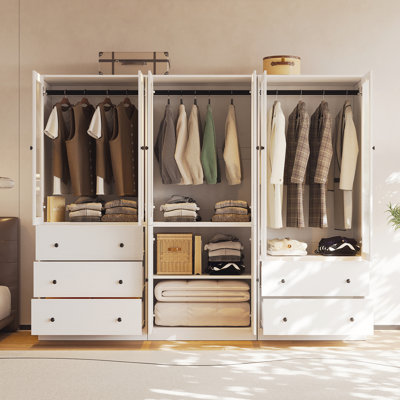 20"D x 126"W x 71"H Modern Armoire With Soft-Close Doors — Fluted Glass Wardrobe Closet With Shelves & Drawers