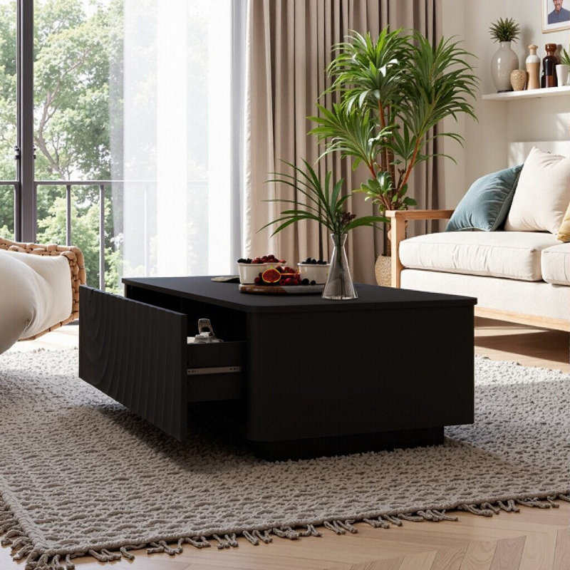 Coffee Table With 2 Drawers, Wave Texture Design, Storage Coffee Table For Living Room, Black