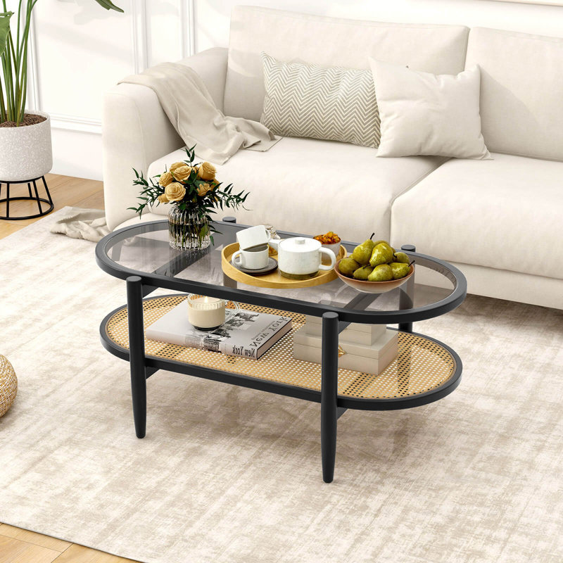 Table basse à 2 niveaux avec plateau en verre trempé avec tablette en rotin Pe et cadre en bois d'acacia noir