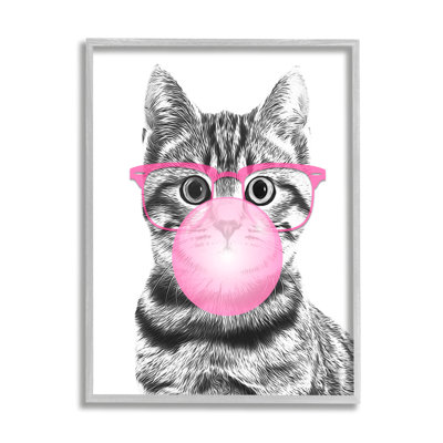 Adorable Cat Bubble Gum Pink Glasses Monochrome Illustration  Grey Farmhouse Rustic Framed Giclee Texturized Art by Annalisa Latella