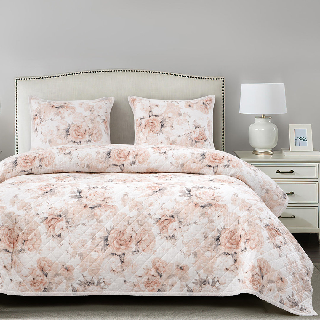 Collette Blush Floral & Gray Stripes Classic Romantic Chic 3 Piece Reversible Quilt Set HiEnd Accents 