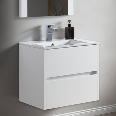 Blossom Valencia 24'' Wall-Mounted Single Bathroom Vanity with Ceramic Sink – All-Wood Floating Cabinet with 2 Soft-Close U-Shaped Drawers
