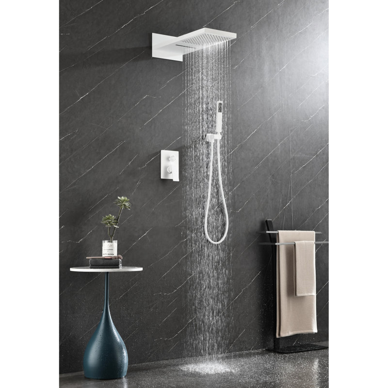 Système de douche pour baignoire - Tête de douche à pluie avec douchette, fixation murale, robinet en laiton blanc et douchette