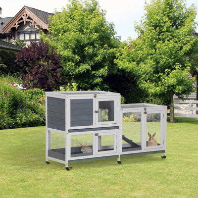 Wooden Rabbit Hutch Bunny Hutch Elevated Pet House Cage Small Animal Habitat With No Leak Tray Lockable Door Openable Top For Indoor 57.75" X 18" X 32.5" Grey