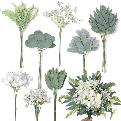 Artificial Greenery Stems Box Set(pack Of 85pcs) With 8 Kinds Of Faux Plants And Fake Flowers For Diy Wedding Bouquet