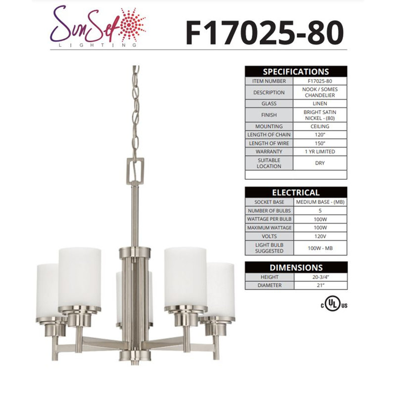 Lustre classique/traditionnel ombré 5 lumières Bristol, Nickel brillant satiné