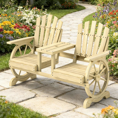 Banc de patio à 2 places avec pieds en forme de roue de chariot, hauteur, table centrale et trou de parasol, bois de sapin, naturel l 60,6 po x P 25,6 po H 40,2 po, support de siège confortable, rangement de sièges inclinés