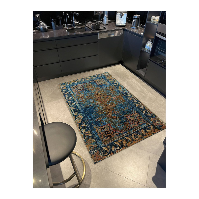 Tapis décoratif bohémien à motif traditionnel bleu marine, Sous-tapis rectangulaire de 3 pi 3 po x 4 pi 11 po