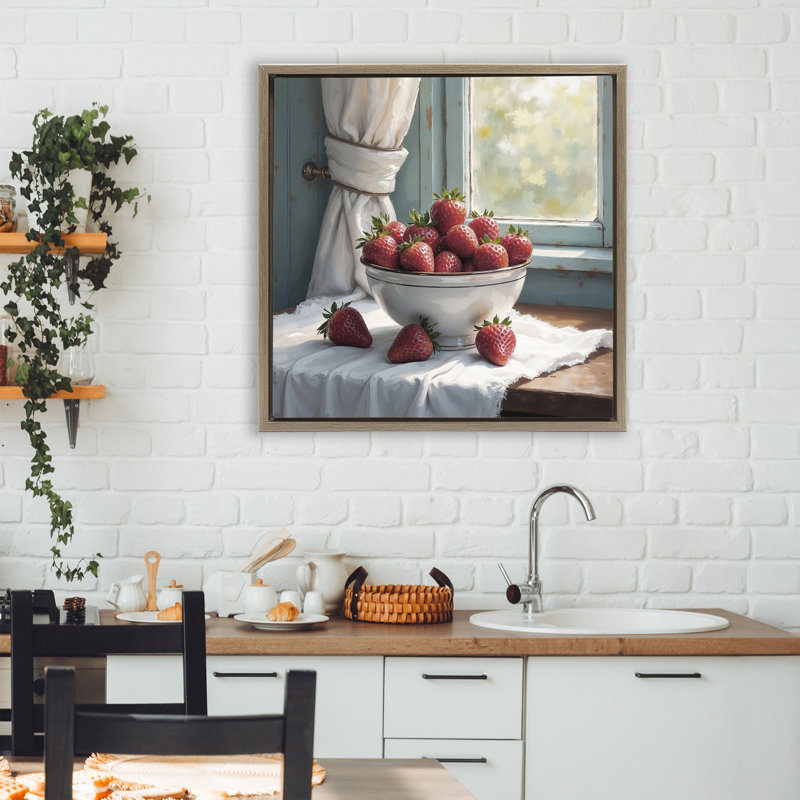 Récolte de fraises dans un cadre de fenêtre flottant, design par lettré et doublé, H 25 po x l 25 po