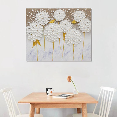 White Hydrangeas With Gold Details, Built-In Wooden Frame, Glam Floral Wall Art, 16X20