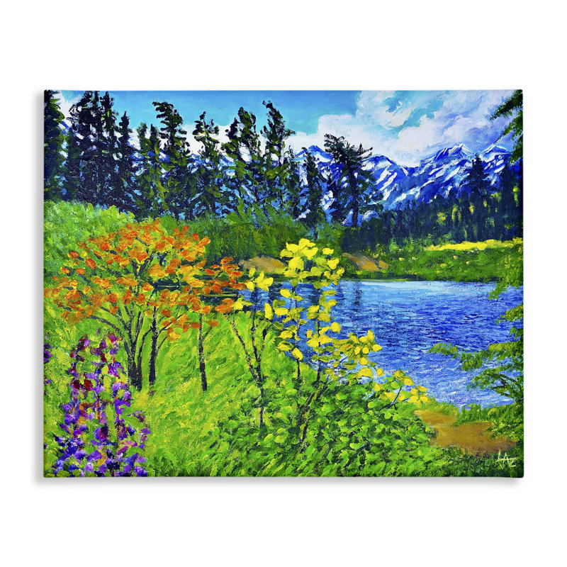 Toile cachée avec paysage lacustre, conception par Lee Ann Zirbes, H 30 po x l 40 po
