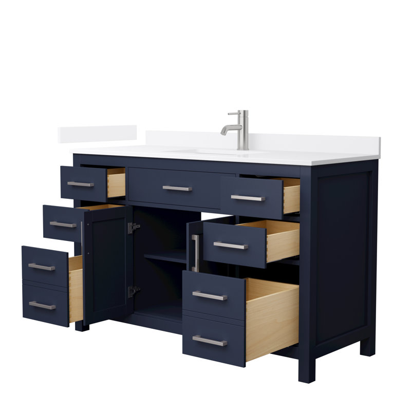 Beckett 54" Freestanding Single Bathroom Vanity with Quartz Top, Dark Blue, Brushed Nickel, White Quartz