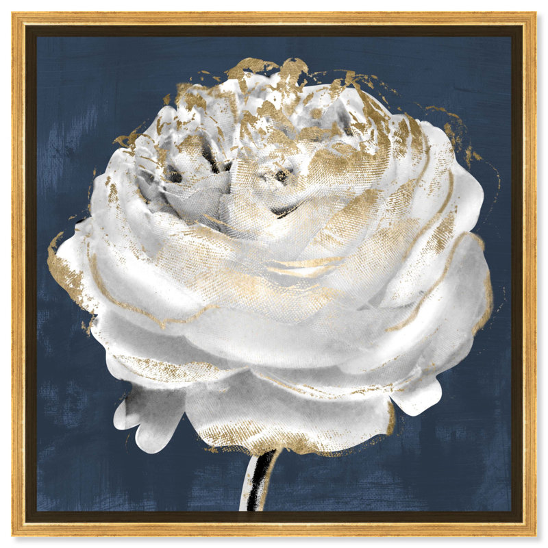Reproduction d'art sur toile bleu marine, couleurs claires, Cadre doré, H 13 po x l 13 po