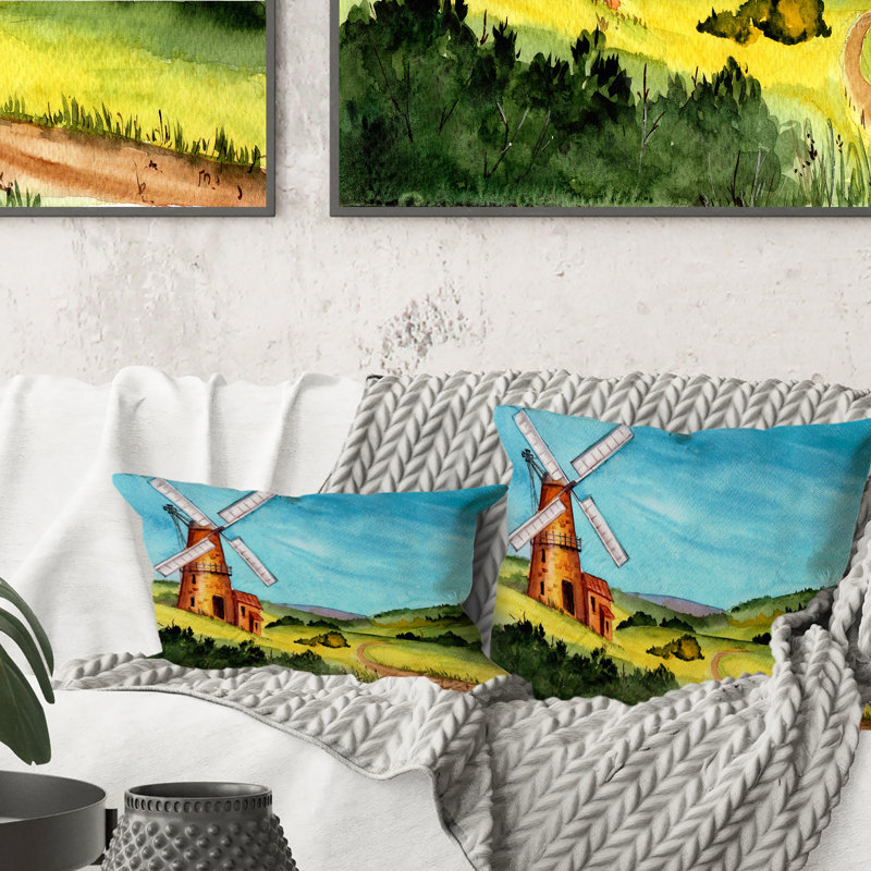 Paysage avec un moulin à vent et un toit en tuiles - Coussin décoratif à imprimé champêtre, 18 po x 18 po