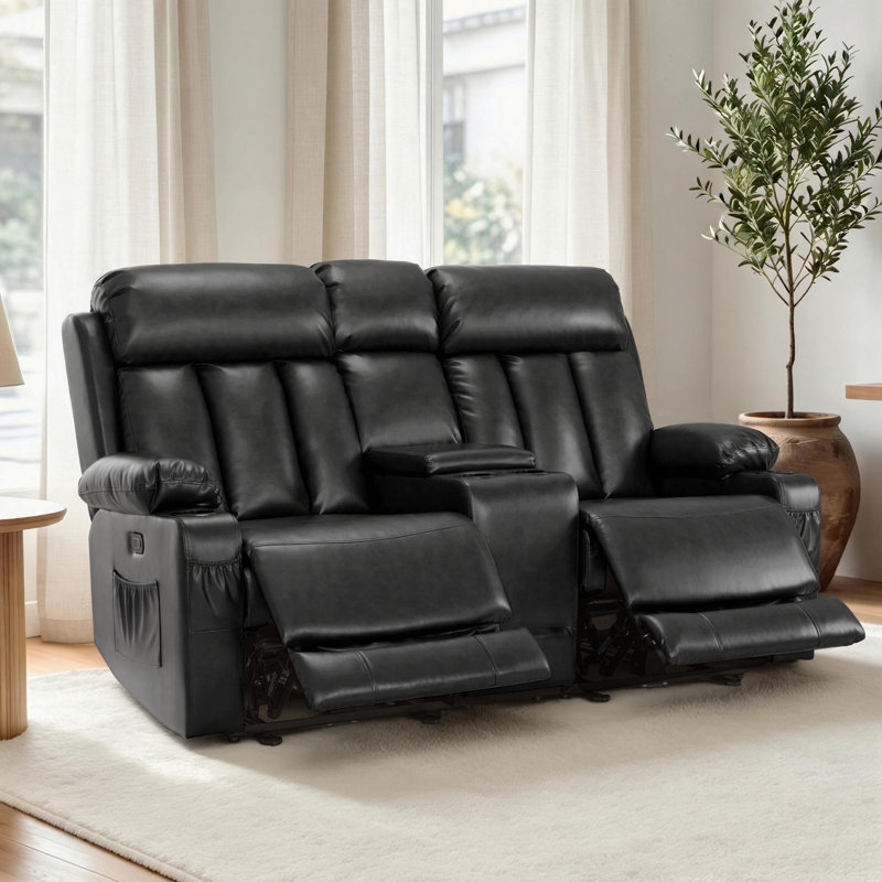 70.5"Wide Electric Power Loveseat Recliner with Heat and Massage, USB Ports, Cup Holders, Faux Leather, Black