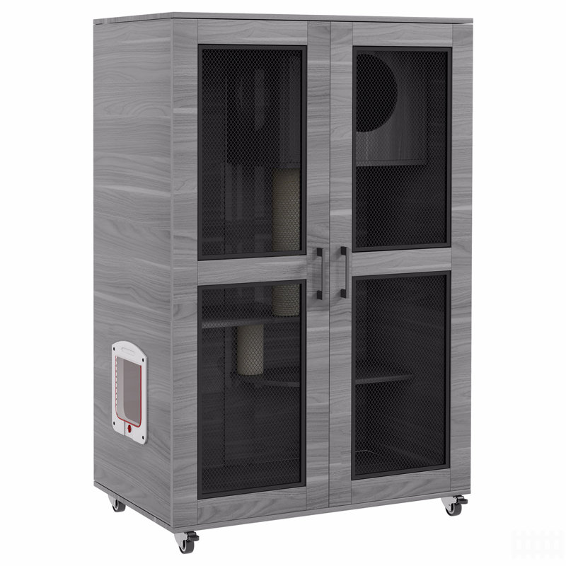 Maison pour chat sur roulettes, cage pour chat Catio Villa pour chats d'intérieur avec poteaux à griffer, condo, porte à rabat, coussin