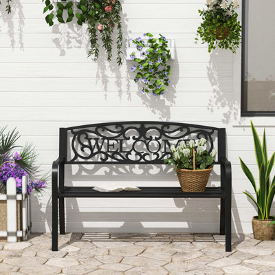 Banc de 50 po en métal noir avec siège à lattes pour le jardin, porche, cour, entrée, banc de revêtement noir, déformation de la base du patio