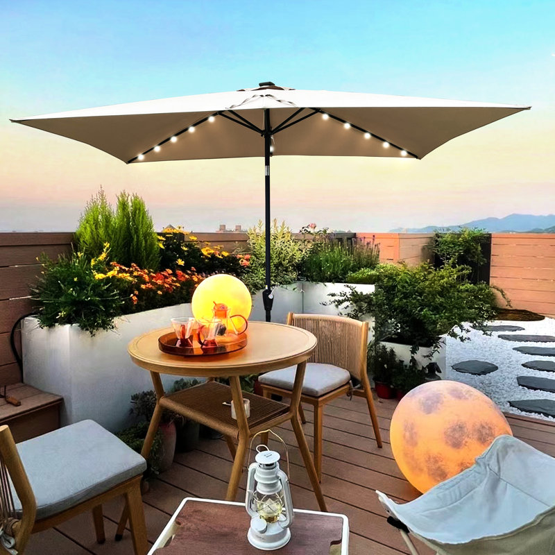 Parasol rectangulaire à lumière solaire 10X6.5Ft. Auvent Colorfast, manivelle pratique et fonction d'inclinaison.  Pour le patio, le jardin, la piscine. Évent noir à pôle noir, inclinaison rapide et facile. Pour la cour,