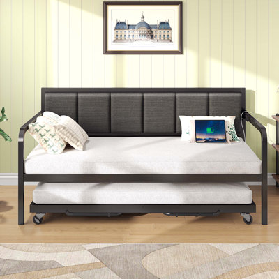 Upholestered Daybed with Trundle, Convertible Twin Day Bed with Charging station and RGB LED Lights