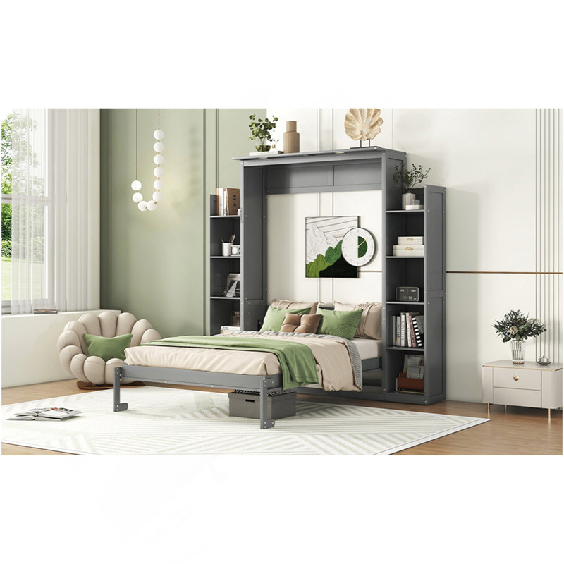 Lit escamotable double pleine grandeur avec tablettes et lumières DEL, gris, Lit double, Gris