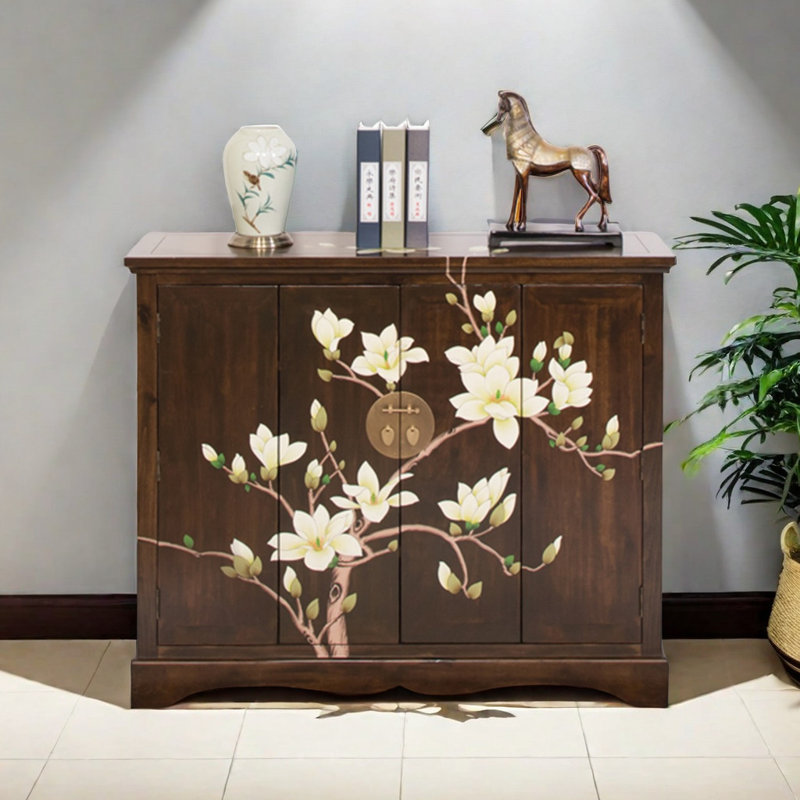 Chinese Pastoral Style Painted Shoe Cabinet 24 Pair Solid Wood Shoe Storage Cabinet