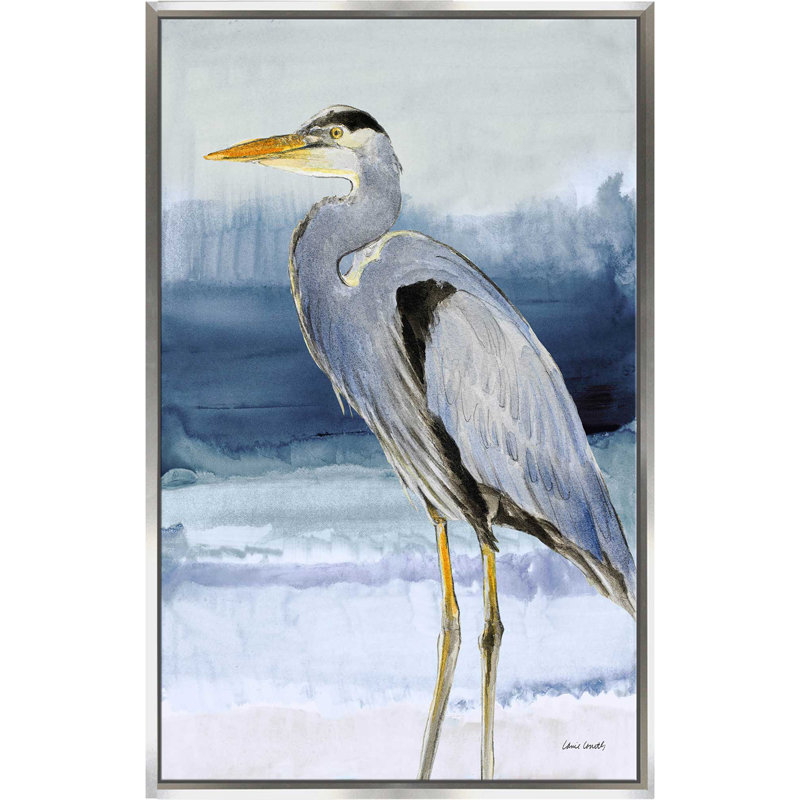 «Heron on Blue I», reproduction sur toile, H 63,5 po x l 39,5 po x P 2 po, Cadre flottant argent