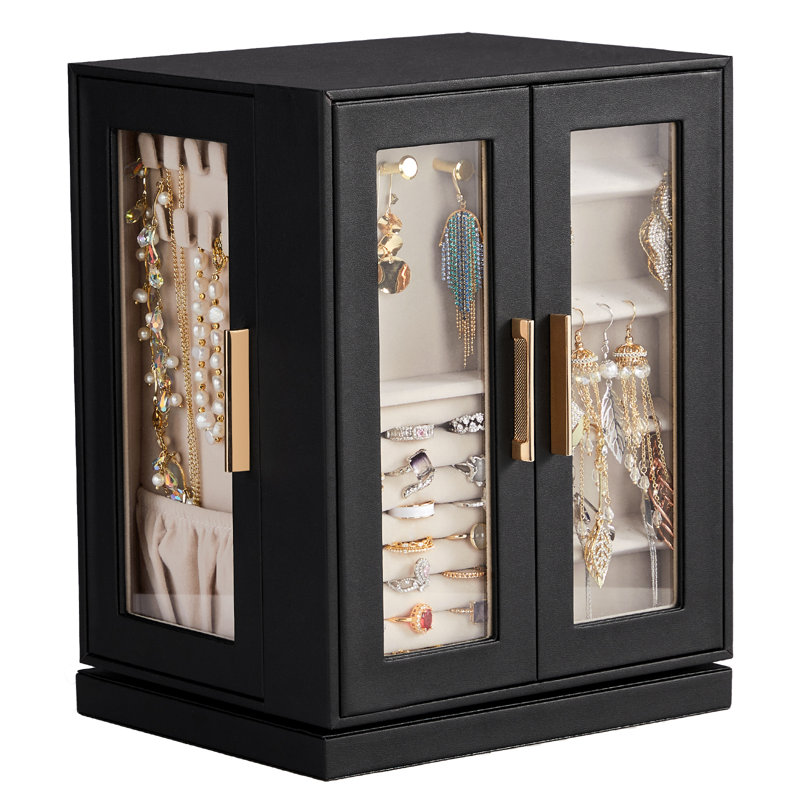 FCH Quad View With Storage 5 Drawers Rotatable Black Cabinet Pink Velvet Jewellery Case