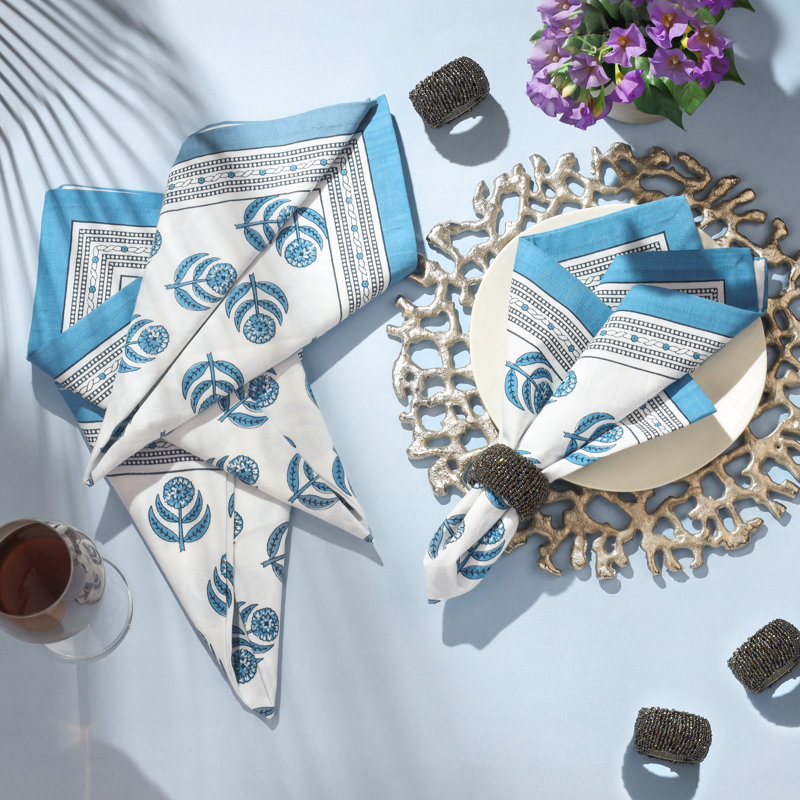 Blue Blooms Block Print Cotton Napkins