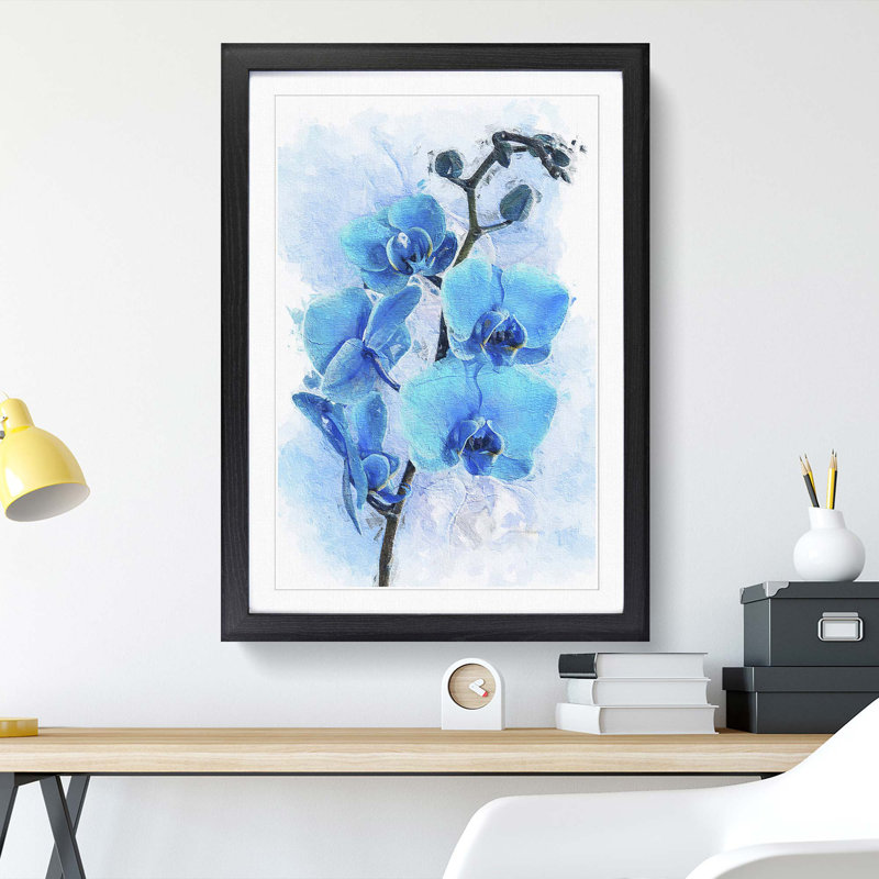 Beautiful Blue Orchids in Abstract - Picture Frame Painting Print, 48cm H x 36cm W x 2cm D, Black Framed