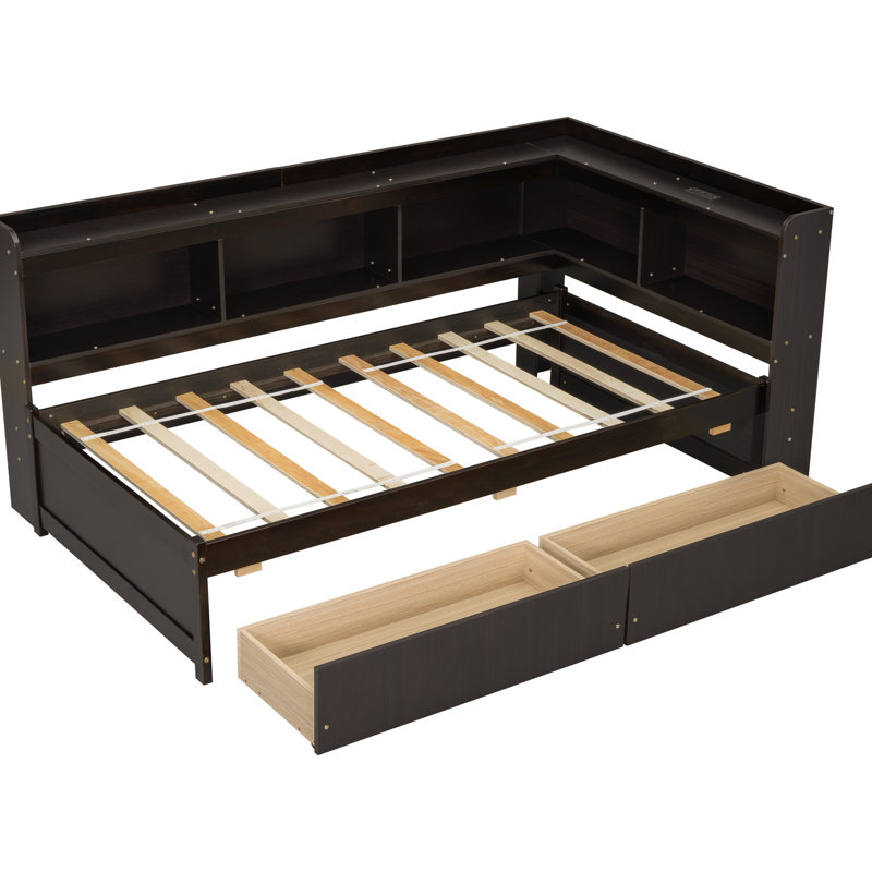 Lit simple avec bibliothèques en L et tiroirs de rangement, lit électrique de taille pin, 2 prises de courant, bois durable