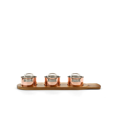 Samuel Groves Copper clad serving casserole dish, set of 3 with wooden serving tray