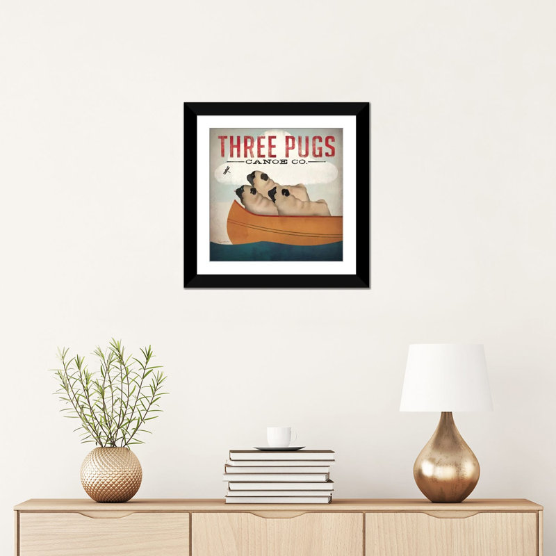 «Three Pugs in a Canoe v.3», affiche vintage sur toile tendue, Papier d'art encadré noir, Blanc, H 16 po x l 16 po x P 1 po