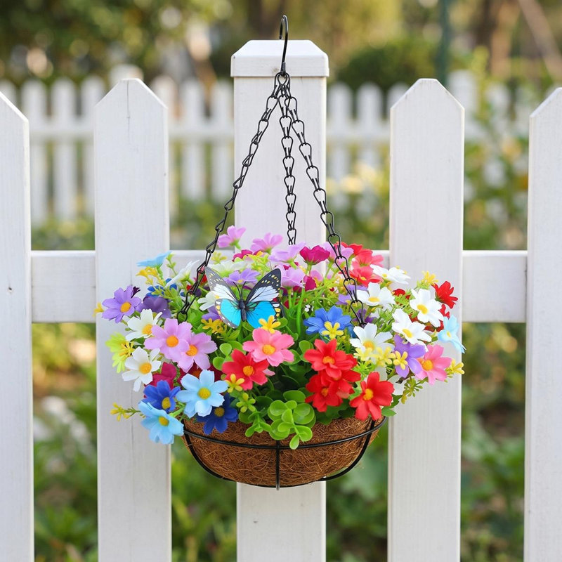 Faux paniers artificiels à fleurs suspendus pour l'extérieur, Rouge / Blanc / Rose