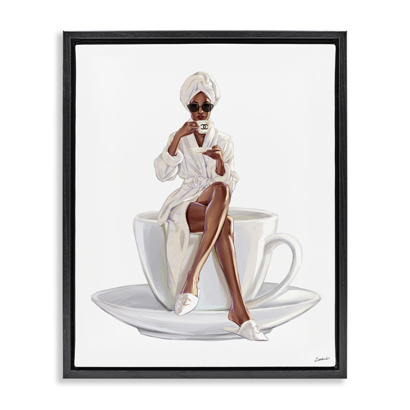 «Chic Coffee Teacup», femme, sirotant des lunettes de soleil, jet noir, toile encadrée flottante par Ziwei Li