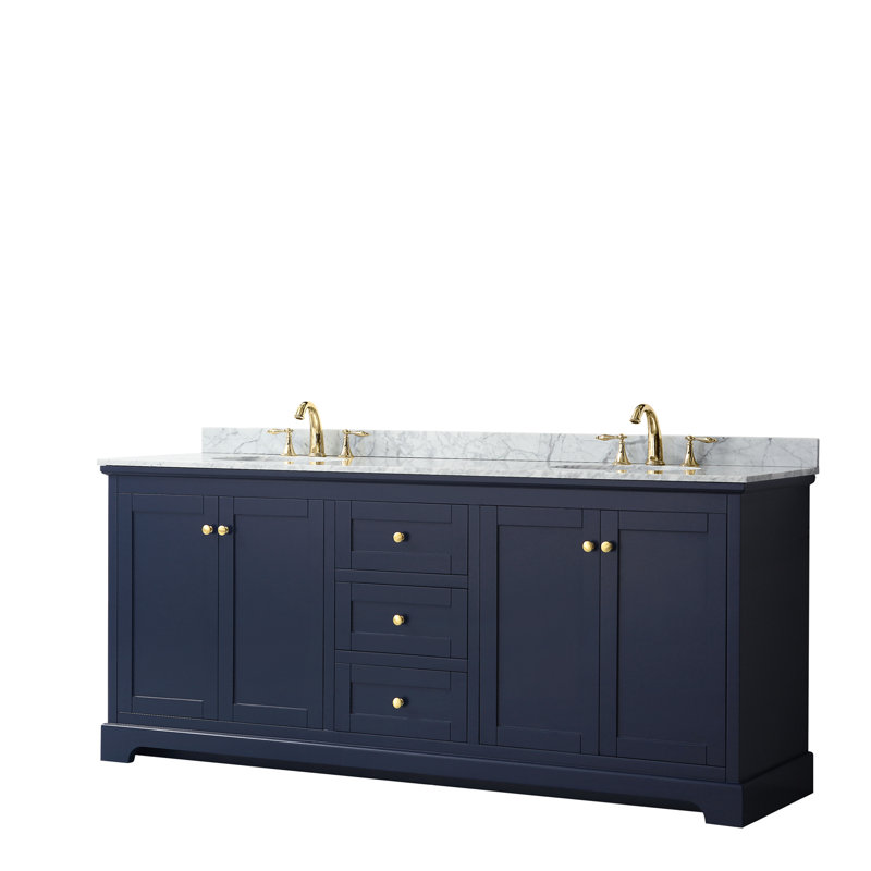 Avery 80'' Double Bathroom Vanity with Stone Top, Dark Blue, Matte Black
