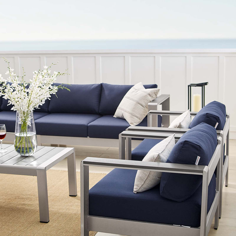Shore Sunbrella® Fabric 8 Piece Aluminum Sectional Sofa Set, Navy