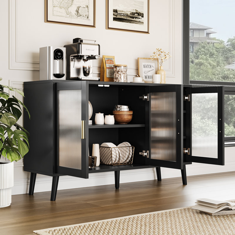 48 in Large Sideboard Cabinet with 3 Fluted Glass Doors, Black Cabinet