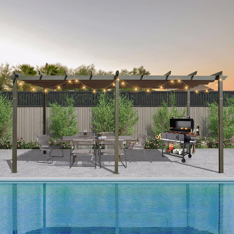 Pavillon de jardin 11 x 20 pi en aluminium, pour l'extérieur avec auvent rétractable (gris foncé), Gris foncé