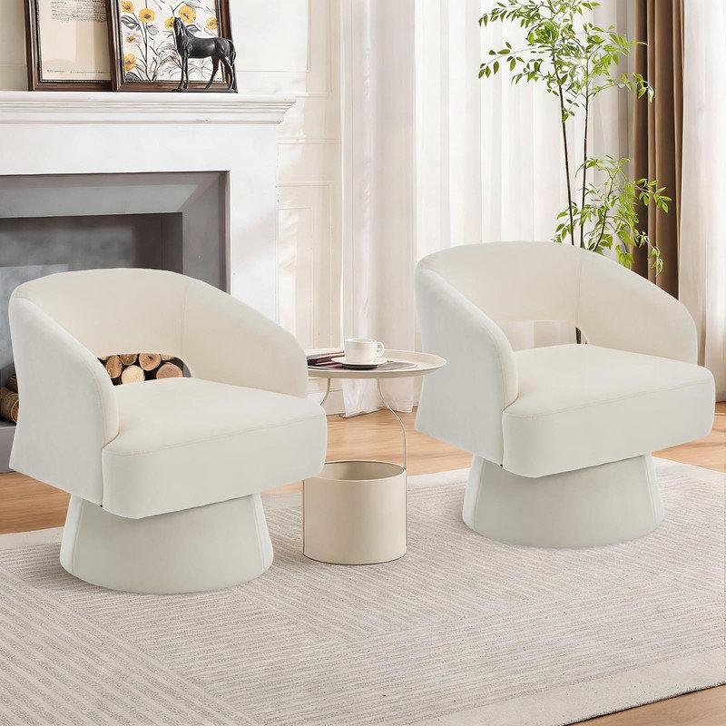 Set of 2 Round Swivel Accent Chairs, Upholstered Barrel Chair with Hollowed Back for Small Spaces, Beige Velvet