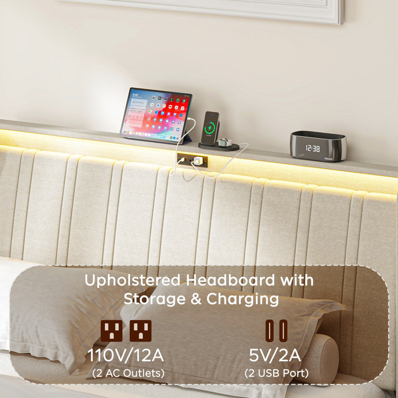 Structure de lit simple avec tête de lit et structure rembourrées confortables - métal et bois, 800 lb maximum, beige, 2 prises de courant alternatif, plateforme de montage silencieuse, base en bois tendre, capacité de 800 lb, velours beige, bruit