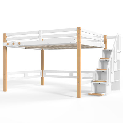 Lit mezzanine Queen, cadre de lit mezzanine en bois avec étagères de rangement, patère, étagères à livres et grand espace sous le lit, blanc et naturel