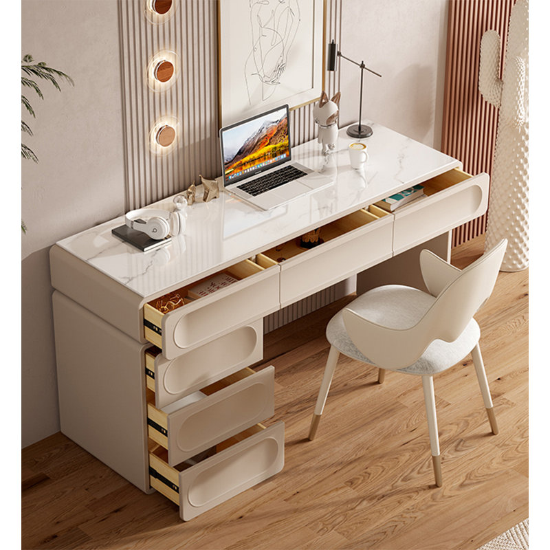 Bureau en bois massif de style français crème avec tiroirs, 29.92" H x 55.12" W x 17.72" D