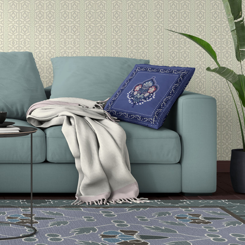 Coussin décoratif intérieur / extérieur Kashmir, H 16 po x l 16 po, Bleu / Rose