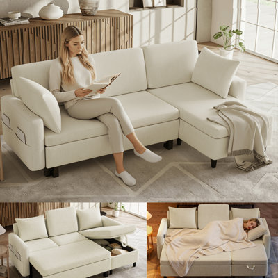 Canapé-lit modulaire escamotable en L 77 po - Chenille beige