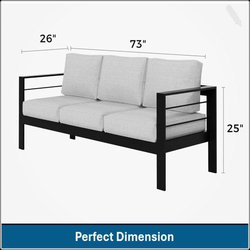 73 Inch All-Weather Aluminum Patio Sofa, Durable And Stylish Outdoor Seating For Year-Round Use, Gray Cushion/Black Frame