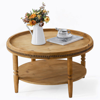 Round Boho Coffee Table With Storage Shelf And Beaded Trim, 2 - Tier Accent Table For A Cozy And Functional Living Room