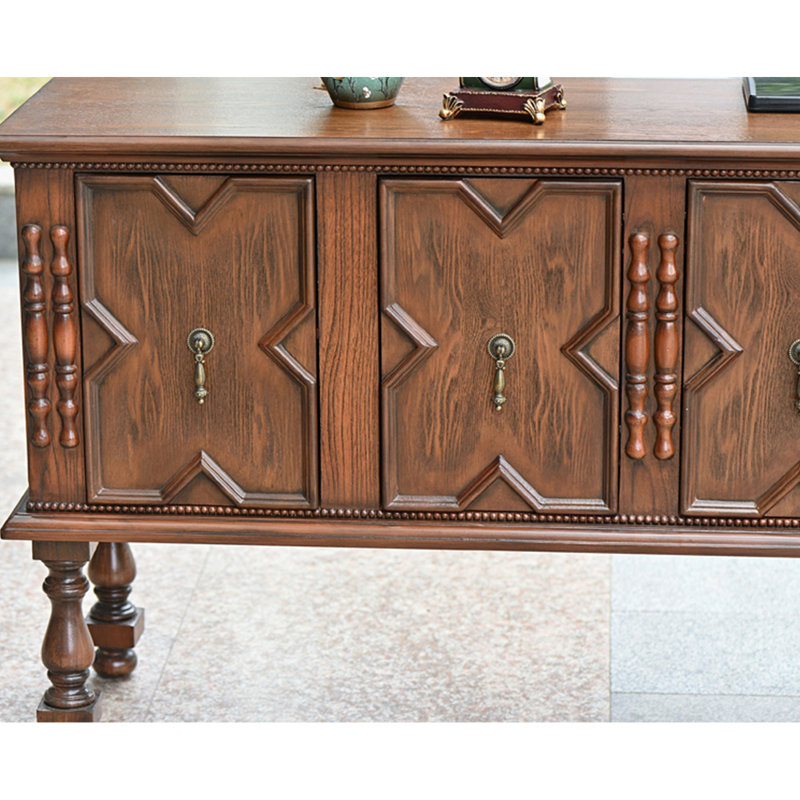 Console télé rétro en bois massif avec portes géométriques en relief