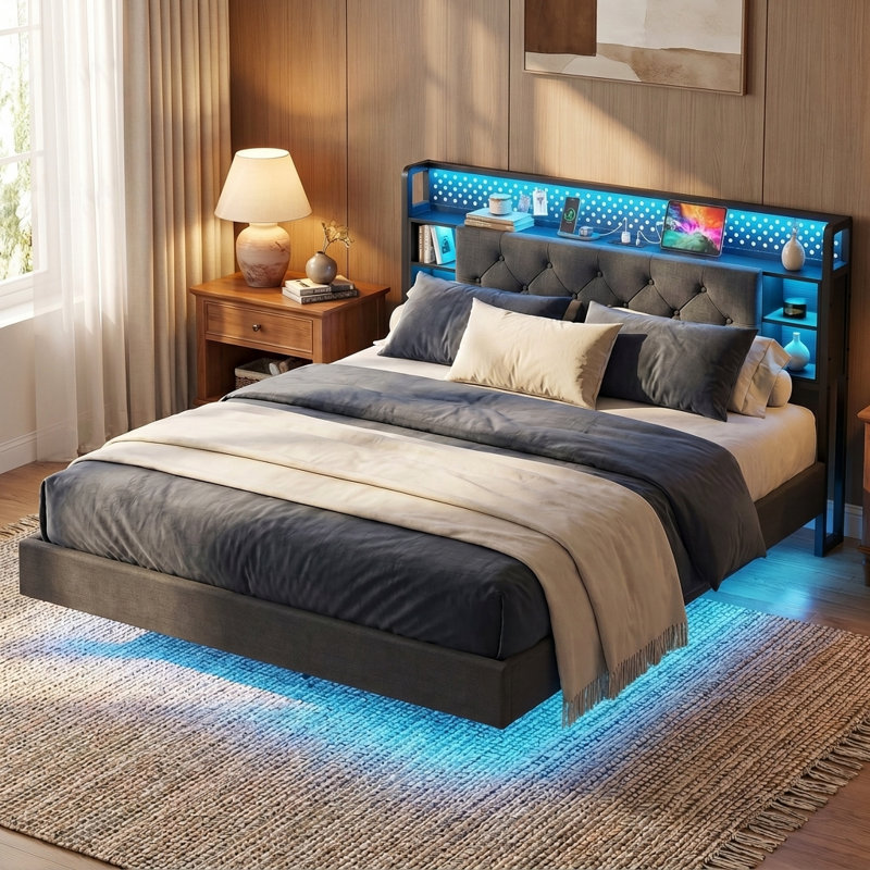 Upholstered Bookcase Floating Storage Bed with Charging Station and RGB LED Lights, Full / Double