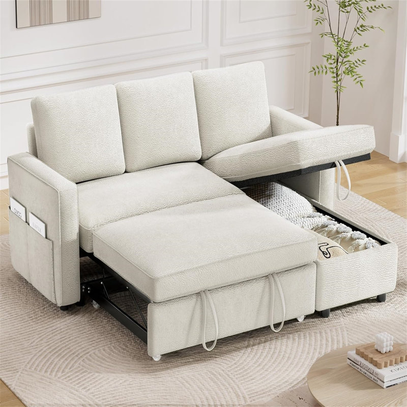 Ebern Designs 81" Convertible L Shaped Couch Sofa Sleeper With Reversible Chaise With Storage And Side Pockets, Beige