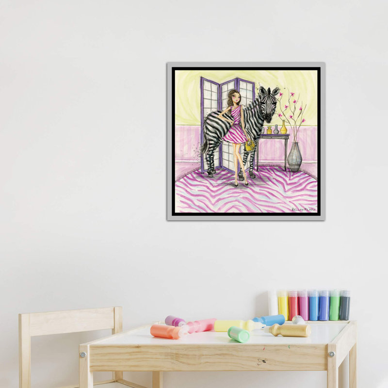 Zoe et zèbre art, H 18 po x l 18 po x P 1,5 po, Toile avec cadre argenté